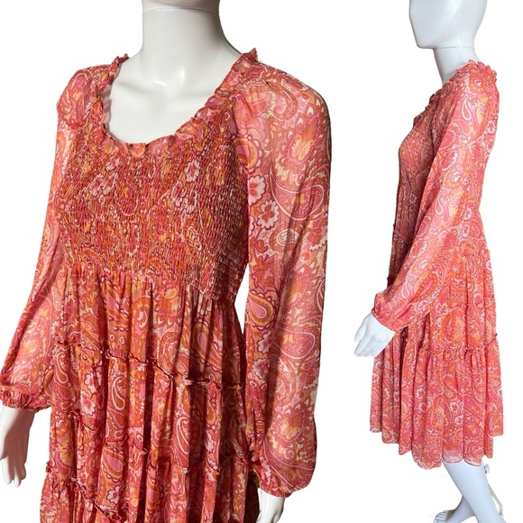 Womens Peach Paisley Long Poet Sleeve Boho Jacquie the Label Anthropologie Dress - Picture 3 of 4